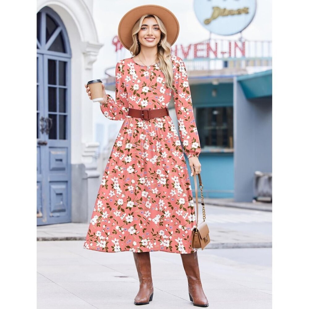 Zeagoo Women Pink Floral Long Sleeve Flowy A-Line Boho Long Dress with Pockets - Picture 3 of 6